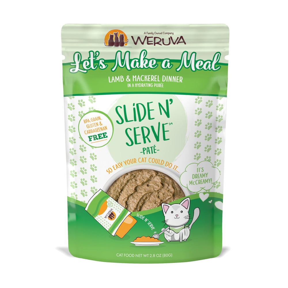 Weruva Let’s Make a Meal Slide N’ Serve Paté for cats features grass-fed lamb and wild-caught mackerel in a green pouch with fun cartoons. This recipe is grain free, gluten free, and carrageenan free.
