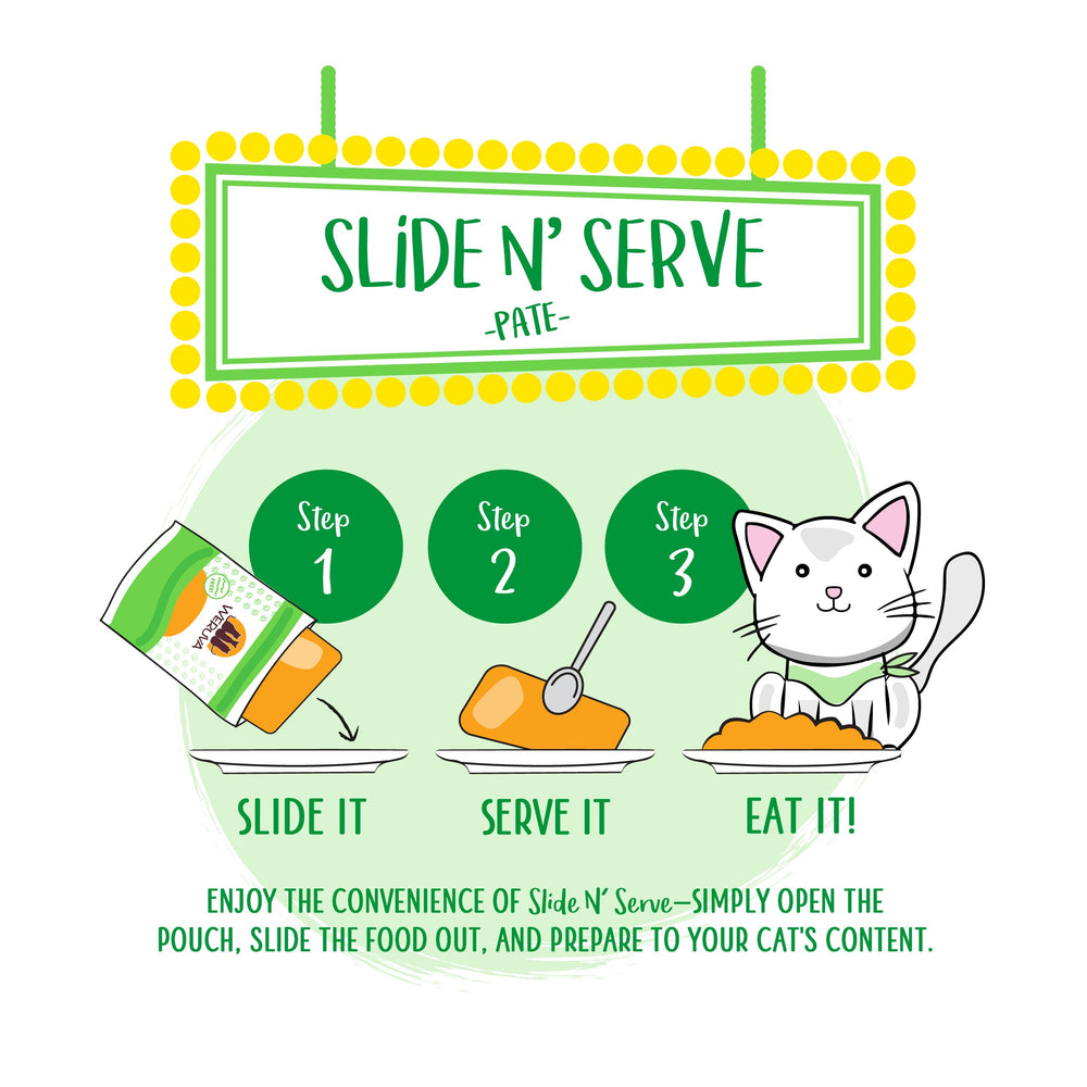 Weruva’s Let’s Make a Meal: A guide to grain free cat food—Step 1: Slide wild-caught mackerel from the pouch onto a plate. Step 2: Serve. Step 3: Watch your happy cat enjoy! Title: Let's Make a Meal -Pate-.