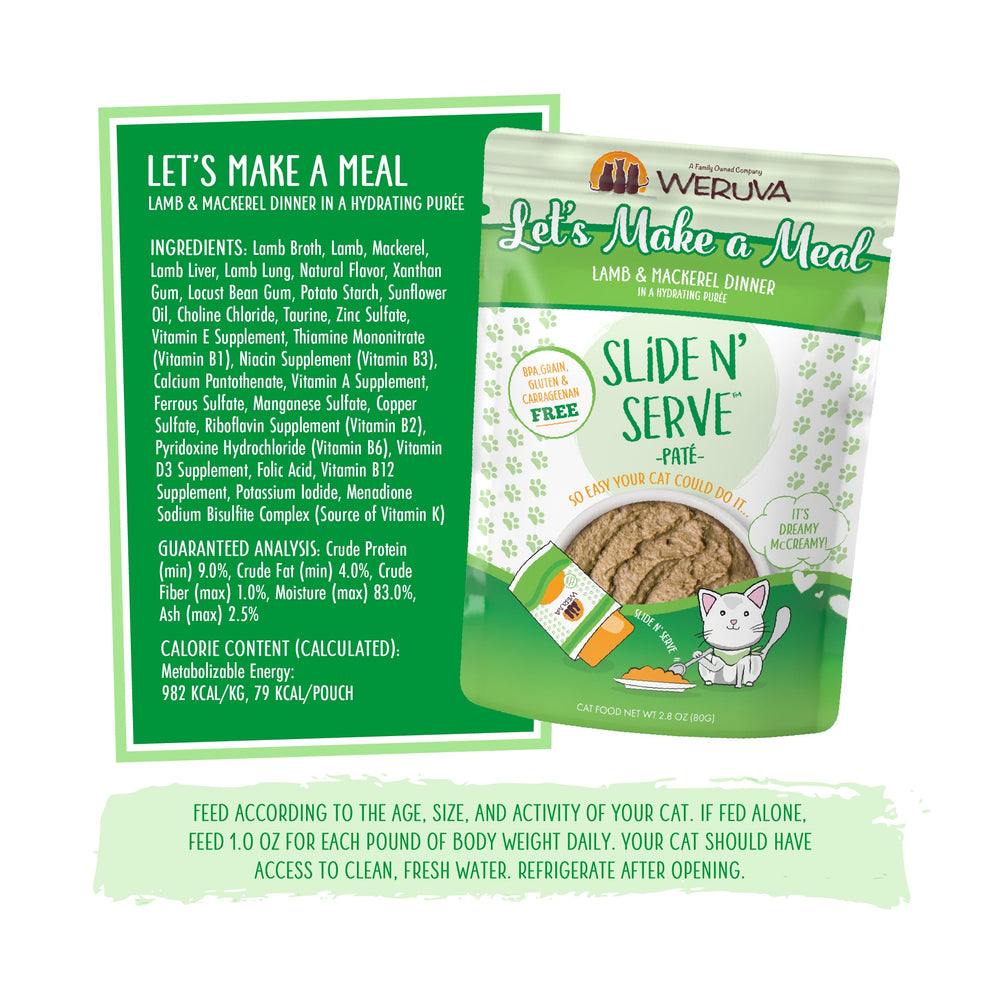 Pouch of Weruva Let's Make a Meal Slide N’ Serve grain-free cat food with grass-fed lamb & wild-caught mackerel. Image shows package, ingredients, guaranteed analysis, feeding guide, and a cat illustration.