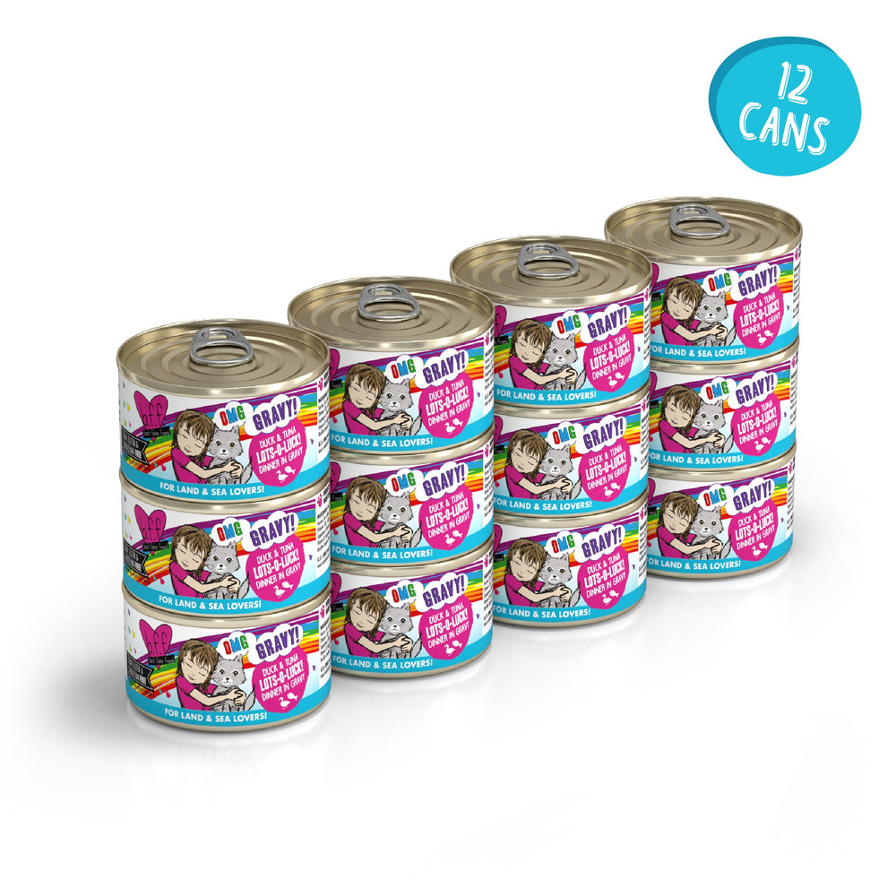 Twelve cans of BFF Best Feline Friend Duck & Tuna Lots-O-Luck! cat food, with colorful labels featuring a cat illustration, are stacked in threes. A blue circle reads "12 CANS"—perfect for gravy-loving cats.