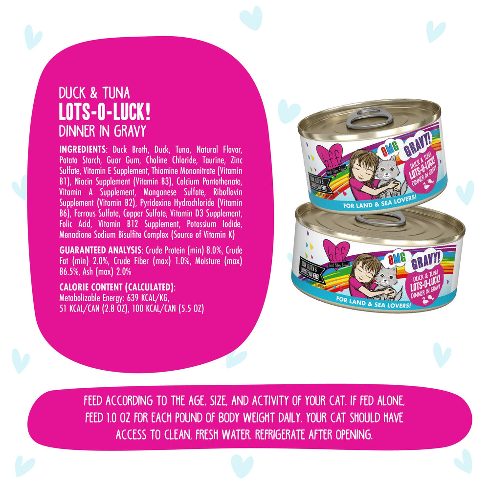 Two cans of BFF Best Feline Friend Duck & Tuna Lots-O-Luck! cat food feature colorful labels with a cartoon cat. Made with cage-free duck and wild-caught tuna, ingredients and nutrition details are shown on a white background with blue hearts.