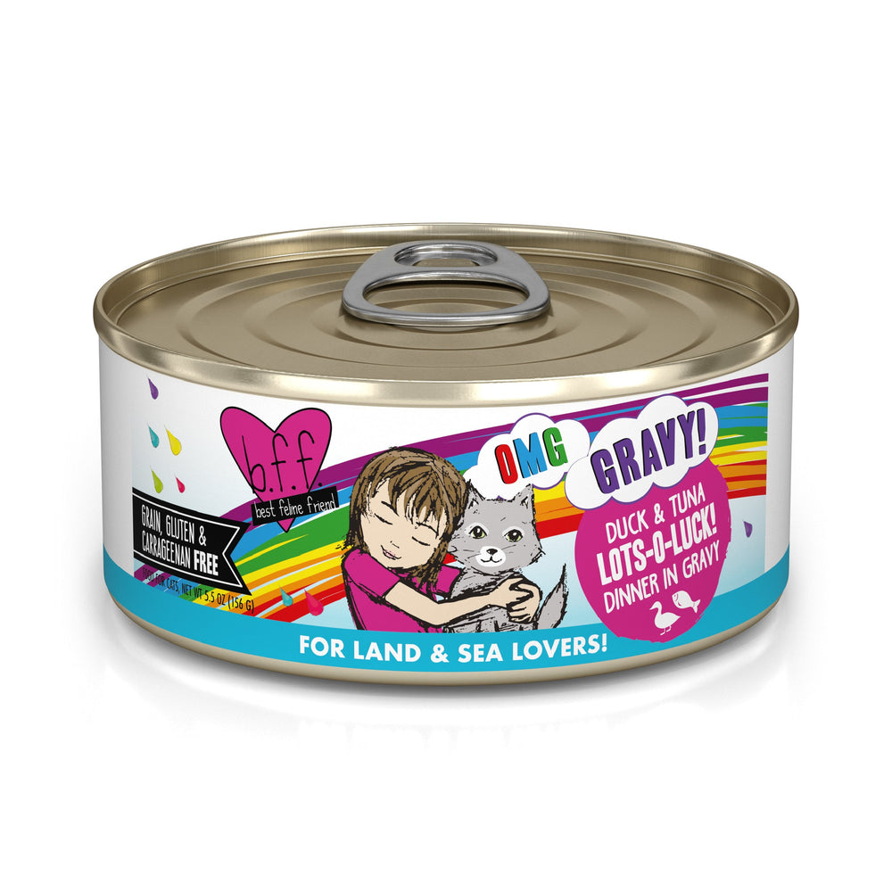 A can of BFF Best Feline Friend Duck & Tuna Lots-O-Luck! Dinner in Gravy, made with cage-free duck and wild-caught tuna. Grain, gluten, and carrageenan free—ideal for cats who love gravy. Features a child hugging a gray cat on the label.
