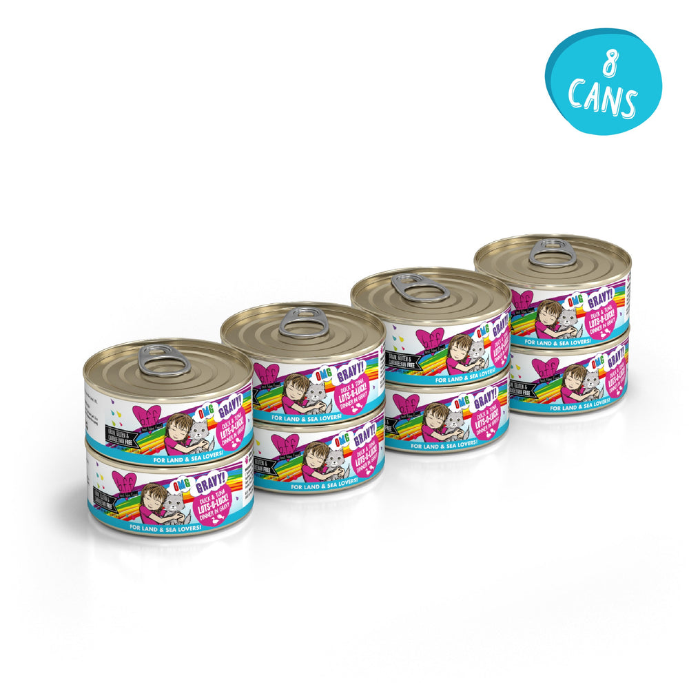 Four stacked BFF Best Feline Friend Duck & Tuna Lots-O-Luck! cans, with colorful labels featuring a cartoon child and butterfly. A blue circle reads “8 cans,” highlighting wild-caught tuna and cage-free duck flavors.
