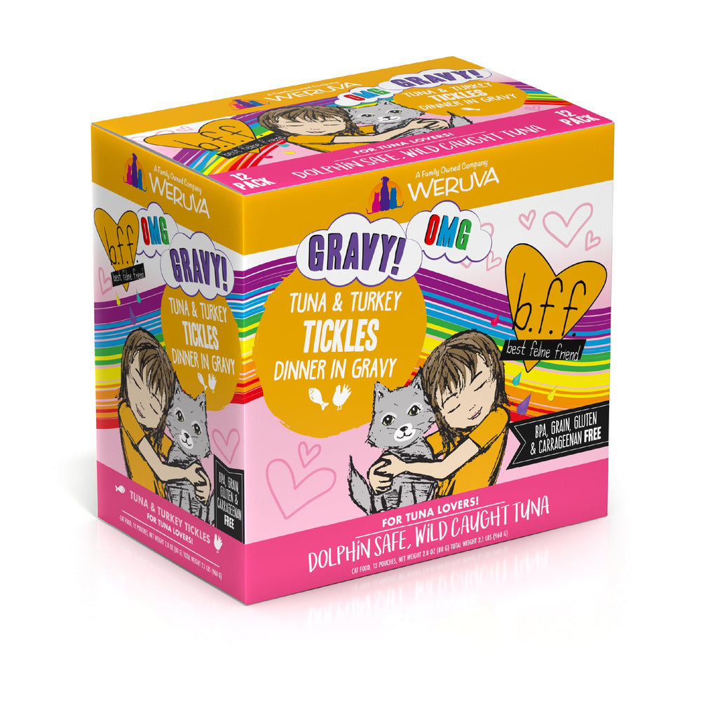 A colorful box of BFF Best Feline Friend Tuna & Turkey Tickles cat food in gravy, ideal for gravy-loving cats, features a girl hugging a gray cat, hearts, and highlights dolphin-safe, wild-caught tuna.