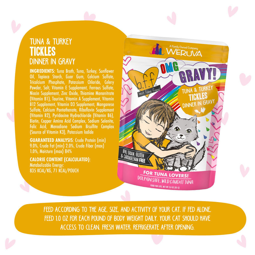 A colorful pouch of BFF Best Feline Friend Tuna & Turkey Tickles cat food is shown, featuring a child hugging a gray cat on the grain-free packaging—perfect for cats that love gravy. Product details are displayed around the pouch.