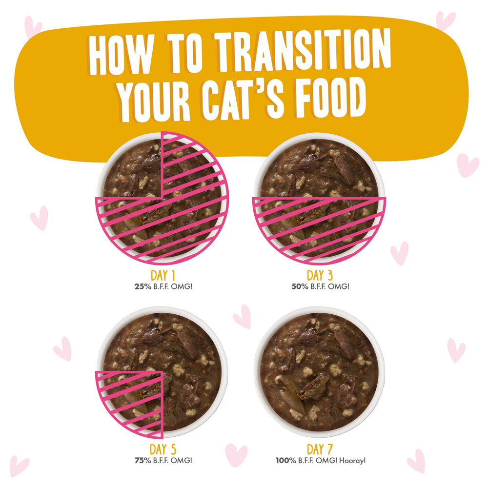 Four bowls show the transition to BFF Best Feline Friend Tuna & Turkey Tickles: Day 1 (25% new food), Day 3 (50%), Day 5 (75%), Day 7 (100%). Ideal for gravy lovers or cats going grain-free. Title: How to Transition Your Cat’s Food.