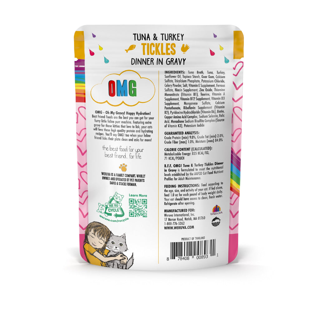 Back of a grain free BFF Best Feline Friend Tuna & Turkey Tickles pouch, featuring wild-caught tuna for cats who love gravy, ingredients, instructions, company info, a rainbow design, and a girl hugging her gray cat.
