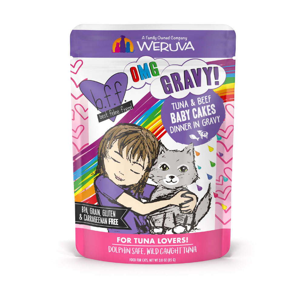 A vibrant BFF Best Feline Friend pouch for Tuna & Beef Baby Cakes features a cartoon child hugging a happy gray cat. It highlights wild-caught tuna and grass-fed beef in gravy—ideal for tuna fans and gravy-loving cats. Dolphin Safe.