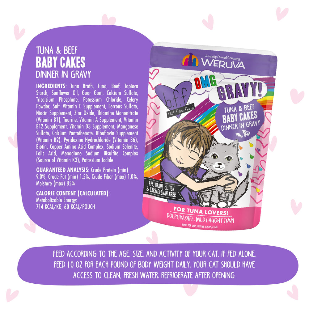A colorful pouch of BFF Best Feline Friend Tuna & Beef Baby Cakes cat food offers wild-caught tuna and grass-fed beef in gravy. Ingredients and feeding instructions are beside the pack with purple heart and paw print accents.