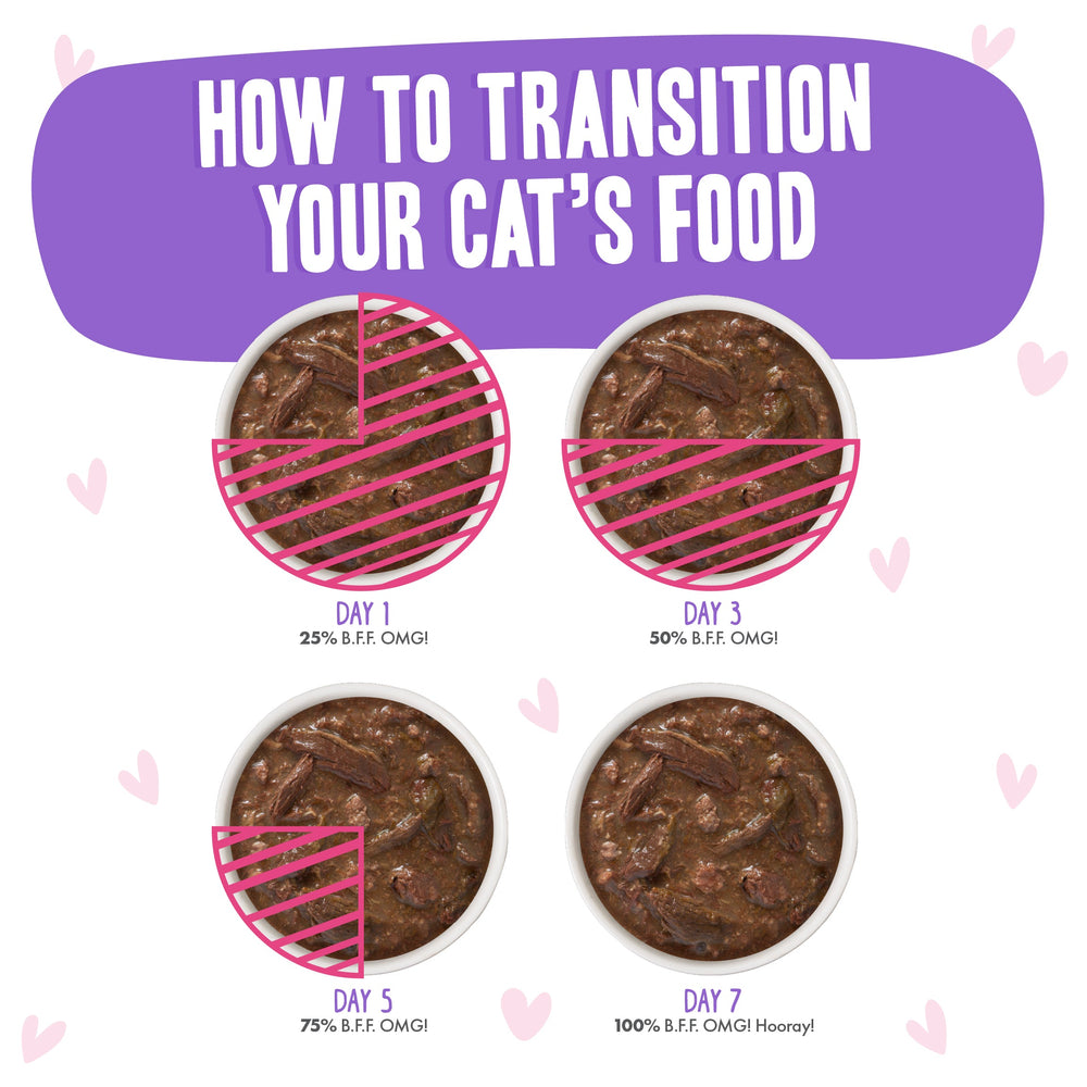 Four bowls show increasing portions of BFF Best Feline Friend Tuna & Beef Baby Cakes cat food from 25% on day 1 to 100% on day 7. Text guides gravy-loving cats on gradually transitioning for a smooth switch.