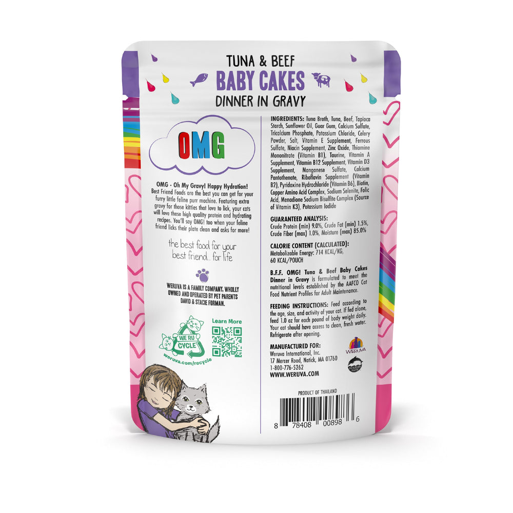 A pouch of Tuna & Beef Baby Cakes cat food by BFF Best Feline Friend, made with wild-caught tuna and grass-fed beef. The packaging shows colorful hearts, a child hugging a cat, ingredients, and feeding instructions.