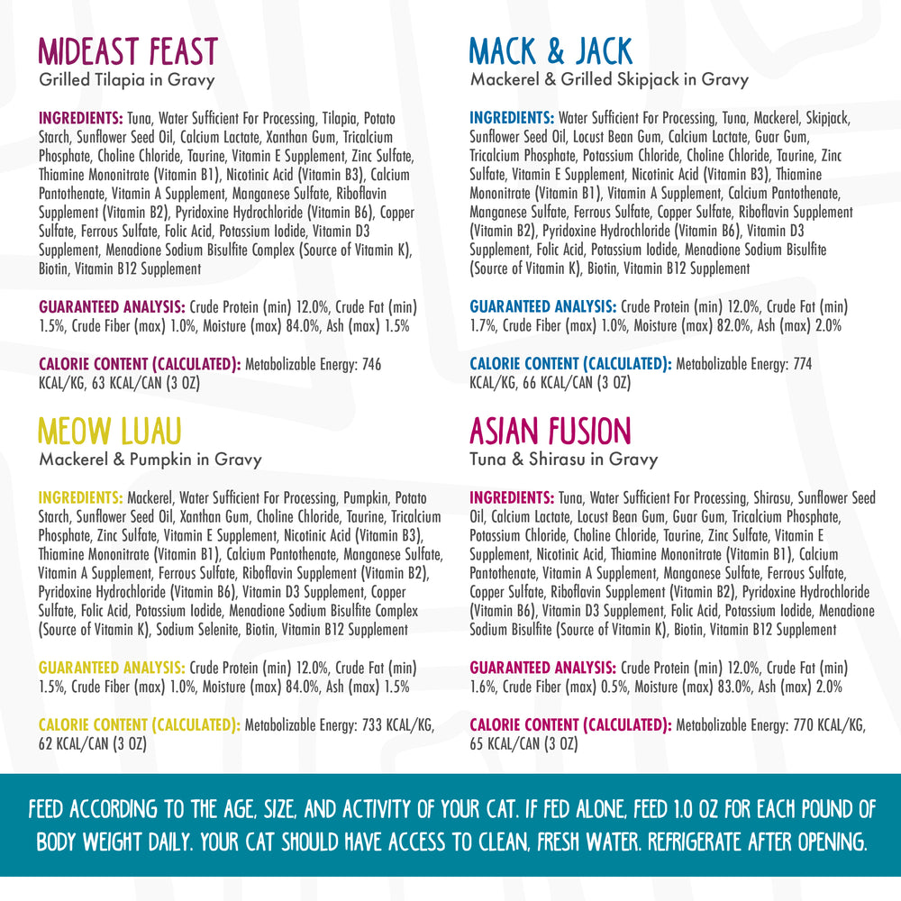 A nutritional label for Weruva's Me 'N My Human Besties and Beyond! cat food, listing ingredients, calorie content, premium proteins, unique flavors, and feeding instructions at the bottom.